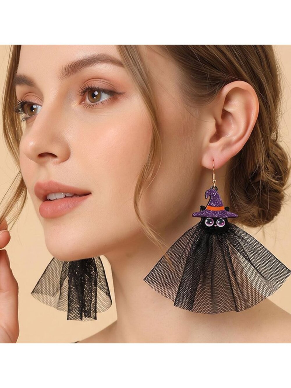 Tigerstars Witch Hat Halloween Pumpkin Tulle Drop Earrings